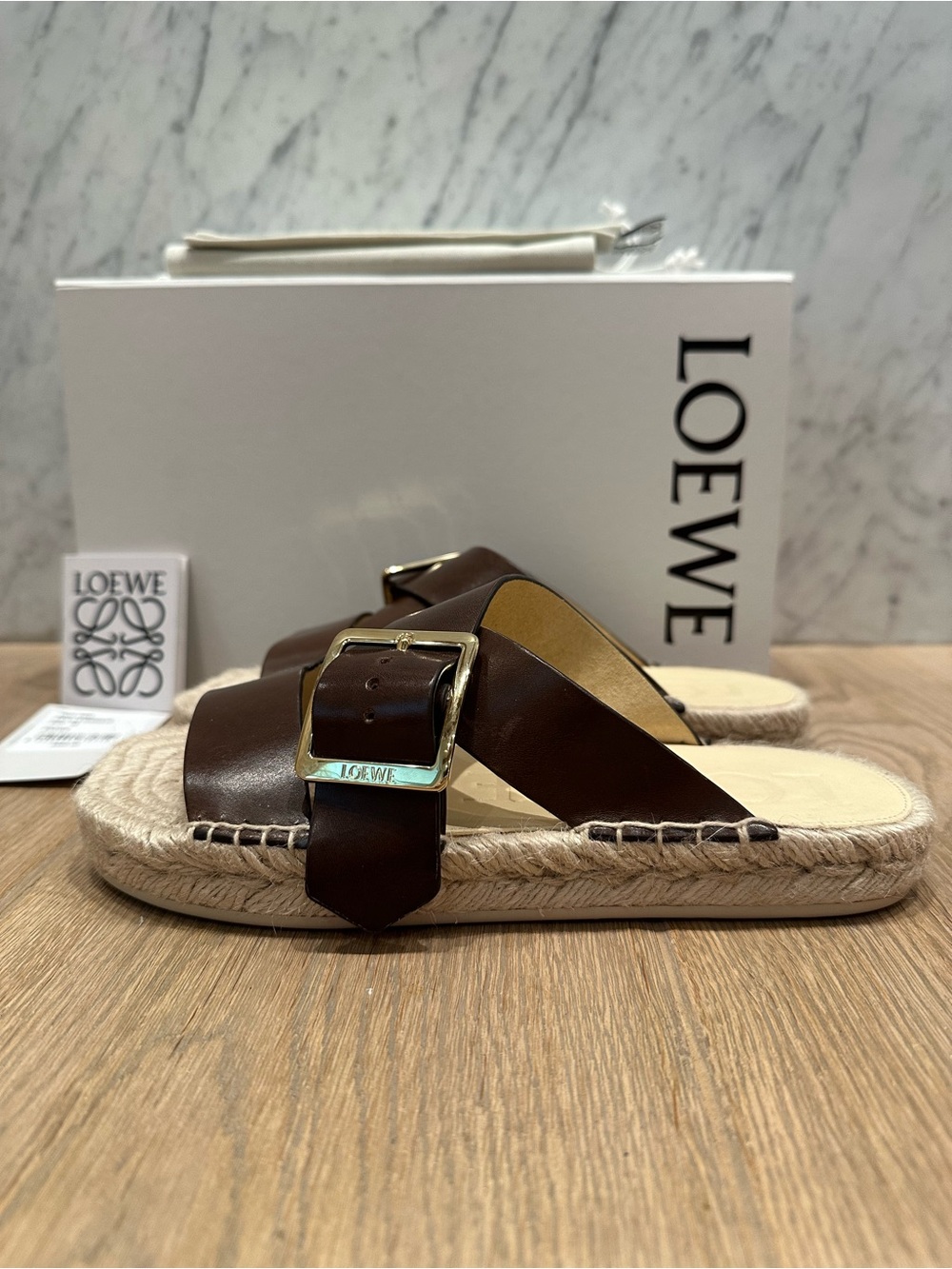 Loewe Petal Brown Espadrille Leather Buckle Slides - Picture 7 of 13